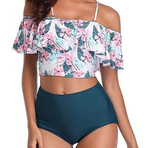 High waisted off shoulder floral pattern ruffle bikini